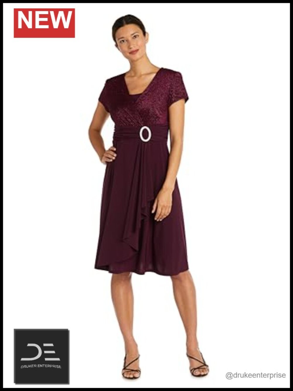 R&M Richards Opulent Flow Evening Dress Jacquard Bodice Wrap Cascade Skirt